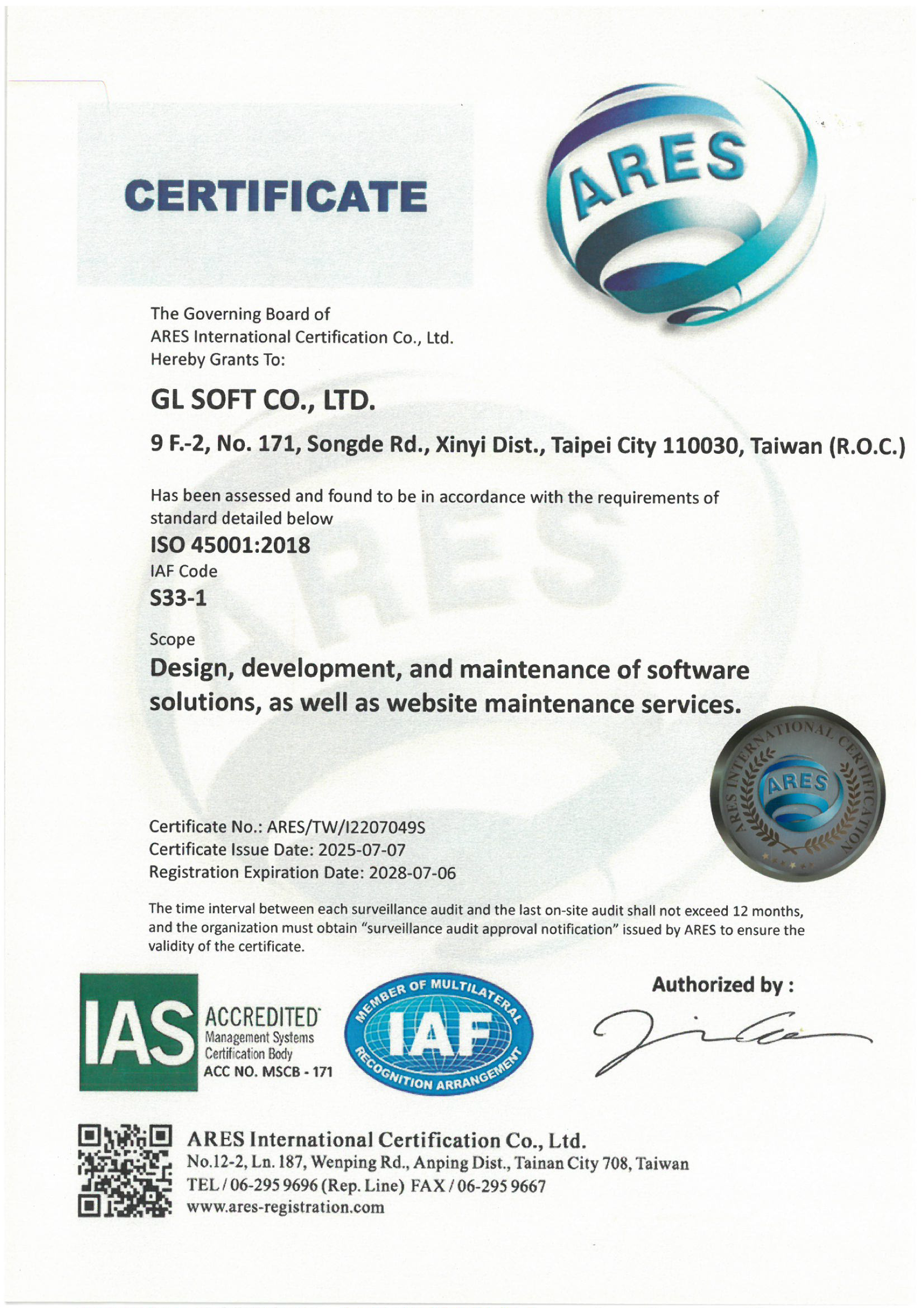 GLSoft ISO 45001:2018 職業安全衛生管理系統認證證書